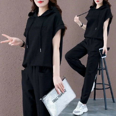 Женские элегантные летние новые слегка толстые сестры больших размеров, уменьшающие возраст, спортивные Свободные повседневные брюки для похудения, Женский костюм из двух частей