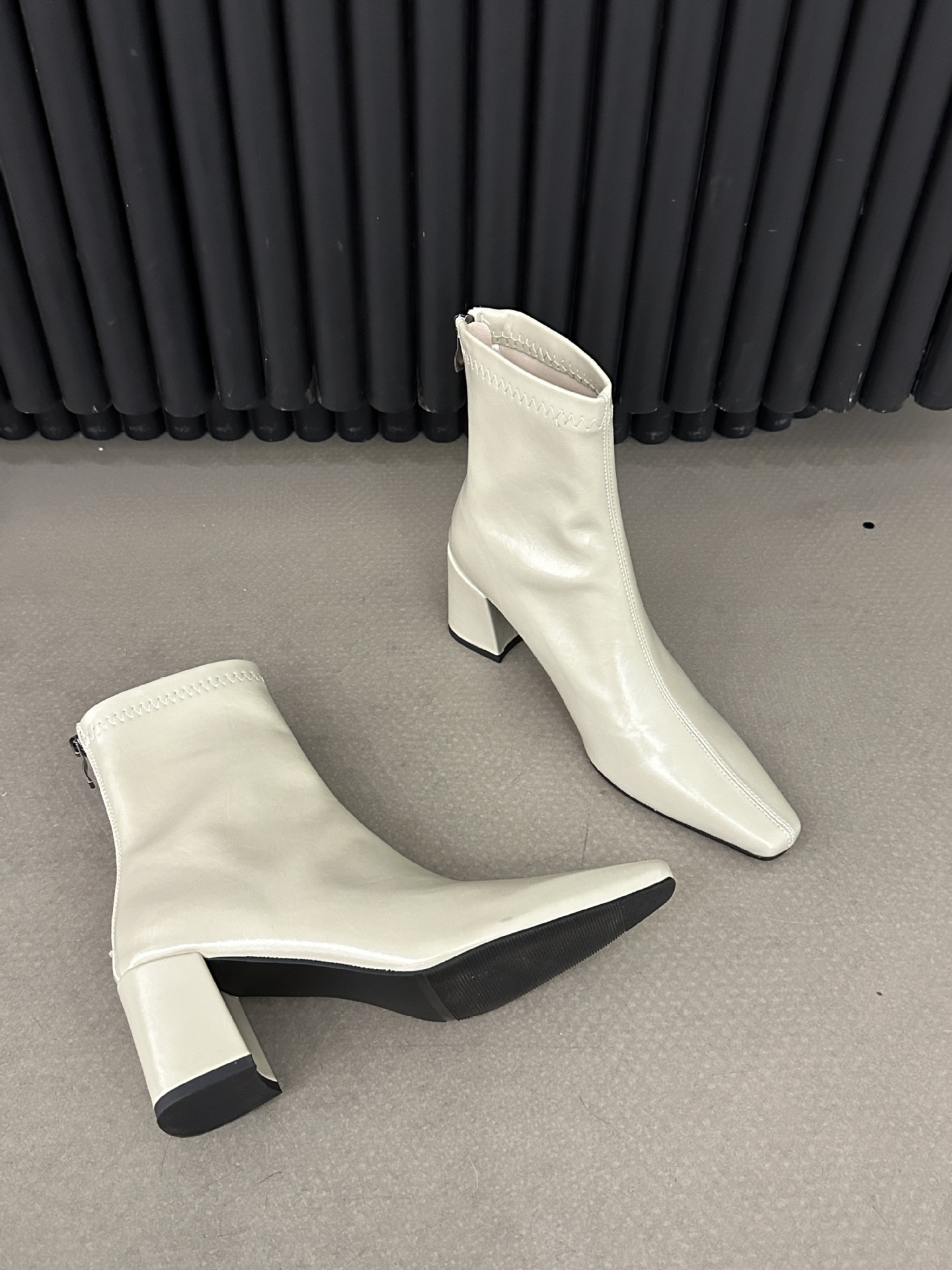 ShoeVault Korean Style Minimalist Soft Leather Stretch Slim Bare Square Toe Chunky High Heel Short Slimming Height Increasing_vogvips.com