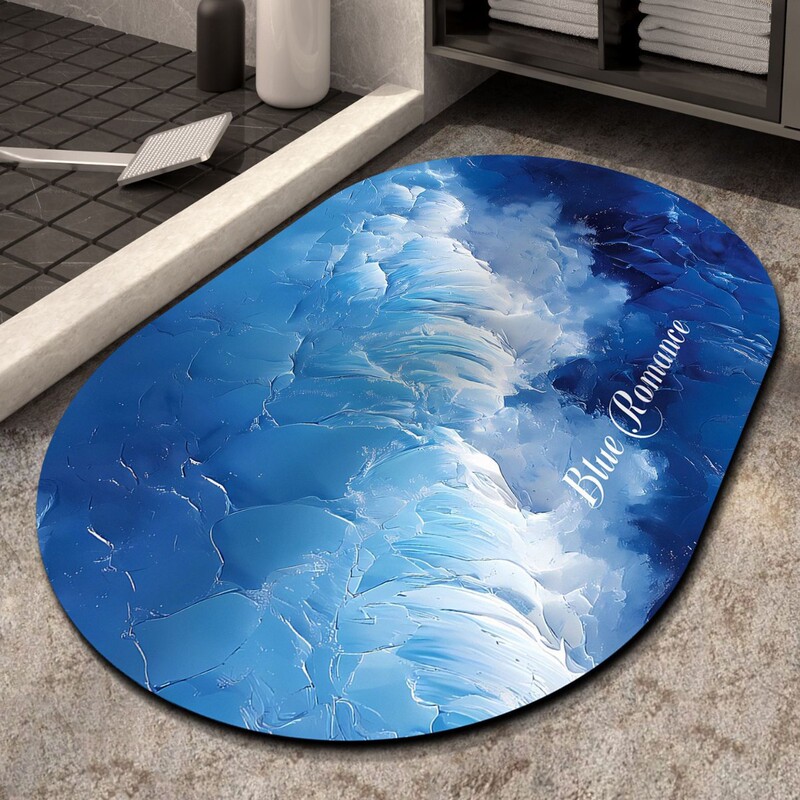 Light Luxury Blue Wave Soft Diatom Mud Floor Mat Bathroom Floor Mat Bathroom Door Absorbent Non-Slip Easy Care Foot Mat