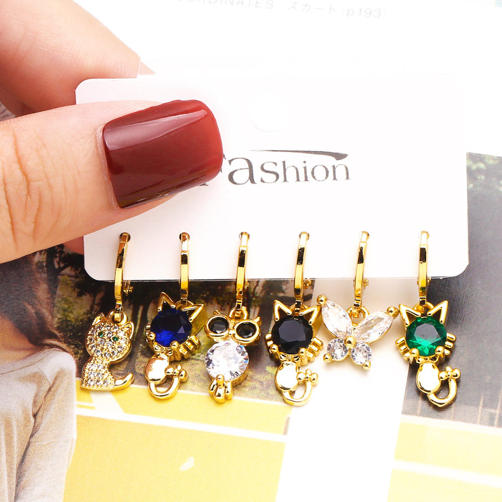 Fashion Cat Butterfly Copper Drop Earrings Inlay Zircon Copper Earrings 6 Pieces