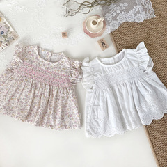 Cutemily童裝嬰童圓領襯衫女童可愛碎花飛袖娃娃繡花打攬背心襯衫