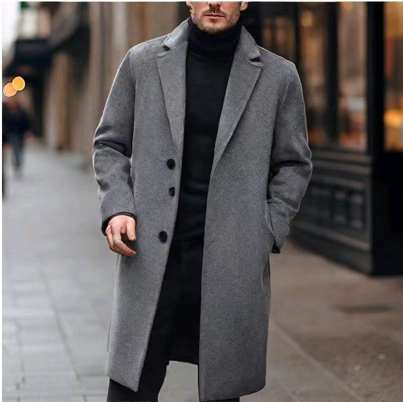 Men's Wool Trench Coat Single Breasted Long Overcoat For Men_voghion.com