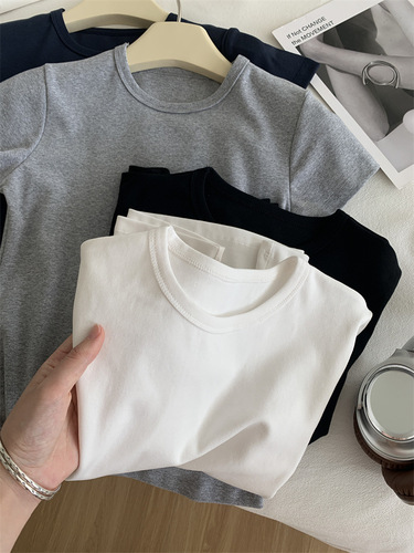 Slimming Round Neck Regular Shoulder Women's T-shirt 2024 Summer New Basic Matchable Solid Color Cotton Base Short Sleeve