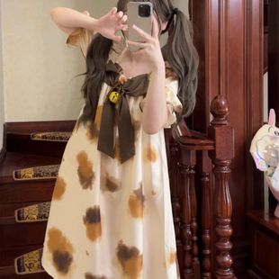 Summer Cute Three-Striped Cat Nightgown, New Ice Silk Pajamas, Sweet Girl's Thin Home Clothes, Can Be Worn Outside