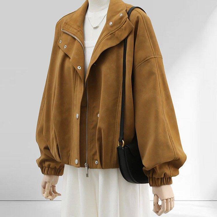 Áo khoác nữ dáng rộng cổ đứng phối lệch phong cách vintage, form suông thoải mái, khóa kéo tiện dụng — Brown Original Vải Nâng cấp chi tiết 1
