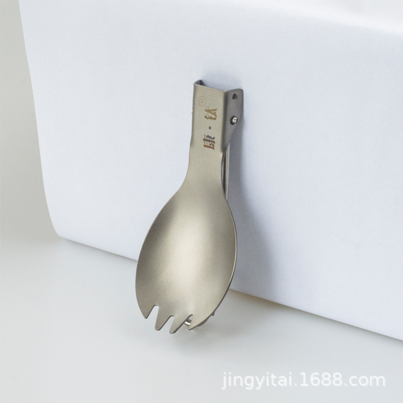Tenedor y cuchara de titanio puro para exteriores Kangtai, de doble uso, plegables, portátiles, para camping.