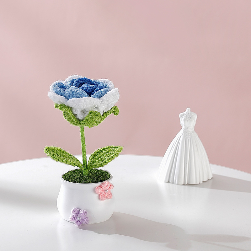 Terminado pequeña olla tejida a mano girasol lirio escritorio coche pequeña decoración regalo de cumpleaños regalo de graduación