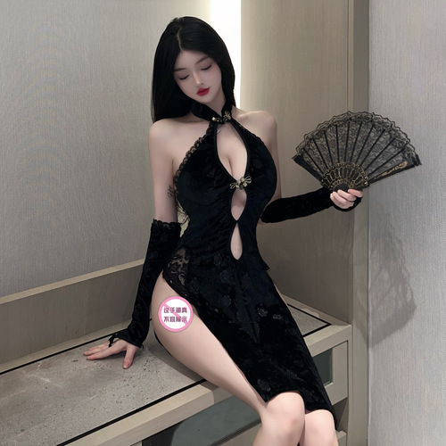 Sexy lingerie, classical high-slit cheongsam, tempting retro deep V breast leakage, Republic of China style pajama suit, uniform polyester
