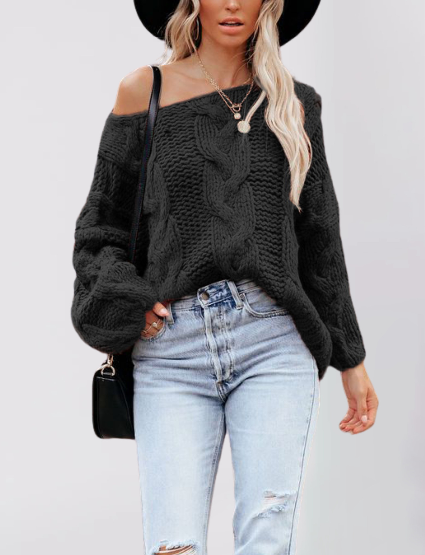 Suéter Holgado de Punto con Hombros Descubiertos y Estilo Urbano Europeo y Americano, Nuevo en Amazon para Otoño/Invierno 2025, Talla Grande para Mujer