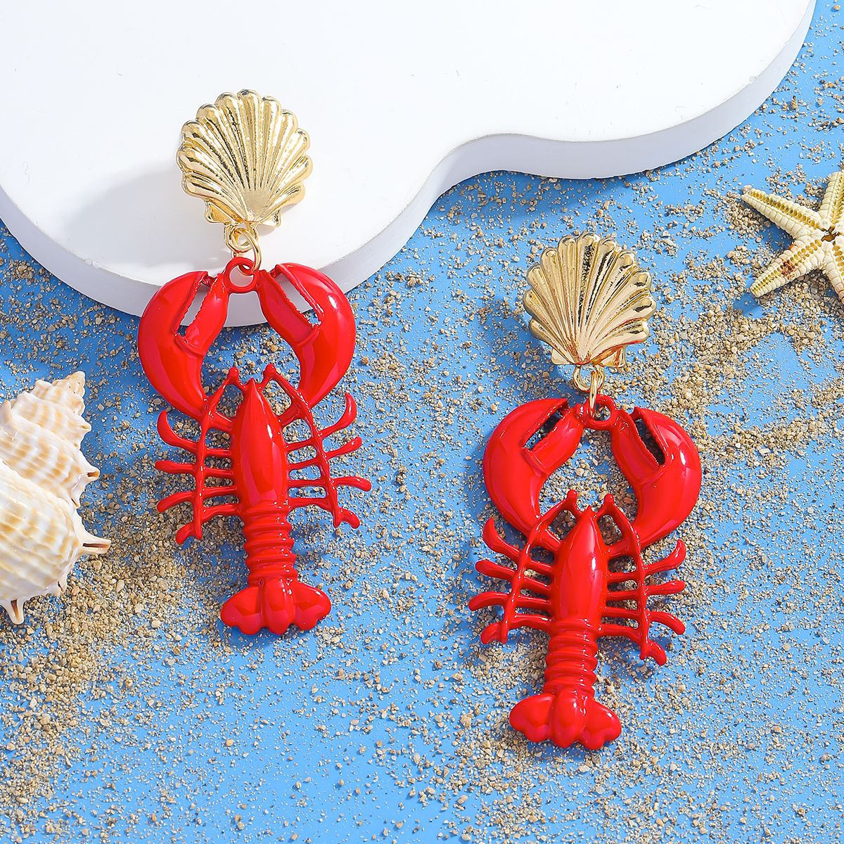 Pendientes colgantes estilo bohemio con concha y langosta_voghion.com