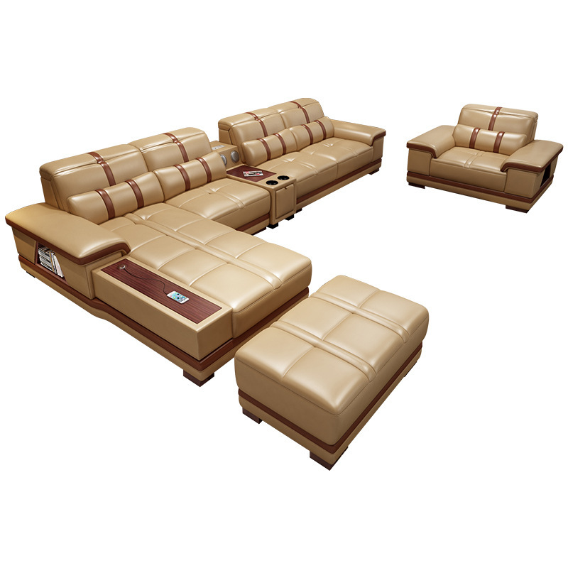 Sofá de cuero genuino amarillo piel de vaca esquina sofá chaise estilo moderno sala de estar apartamento grande y pequeño fila recta madera maciza luz sofá de lujo