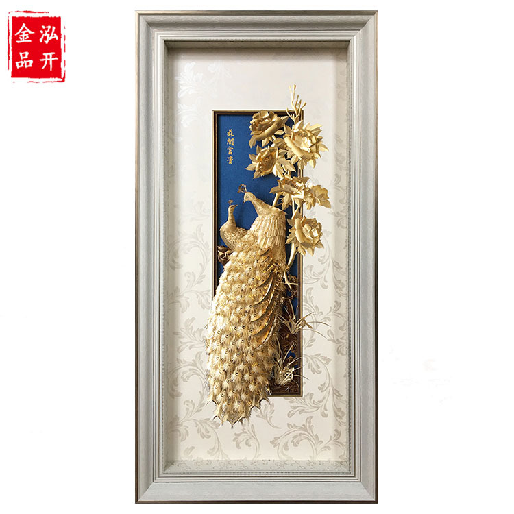 Large Double Peacock open screen 24K pure gold three-dimensional gold foil painting light luxury mural sofa living room dining room decorative painting