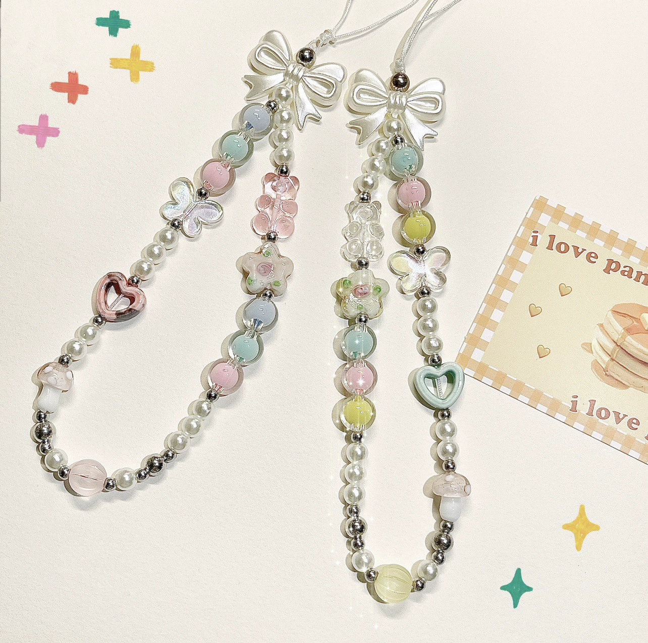 Брелок-цепочка для телефона из бусин, керамические цветы и мишки, жемчужные бусины, DIY