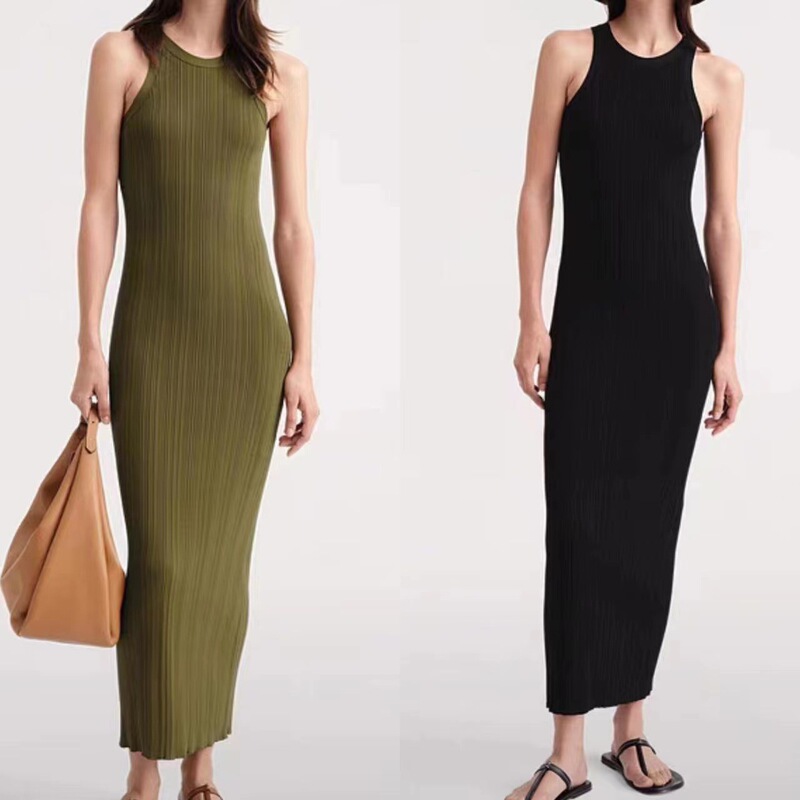 2023 spring and summer new TT long round neck seamless rib vest dress stretch waist sleeveless long knitted skirt