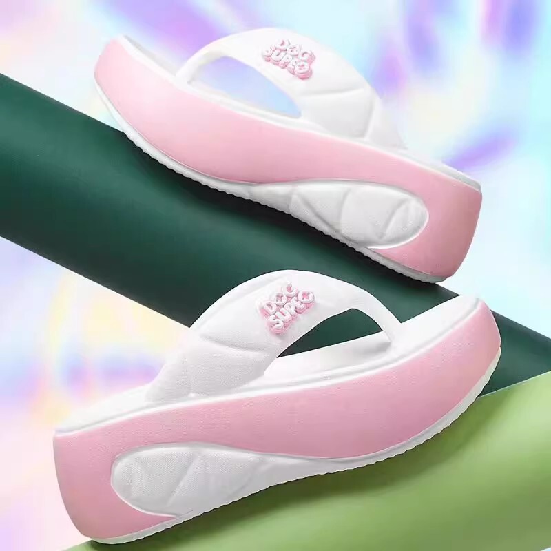女性用ハイヒールビーチサンダル、夏のアウターウェア、ファッショナブルなレターカラーブロックウェッジヒール、厚底滑り止めビーチサンダル|undefined