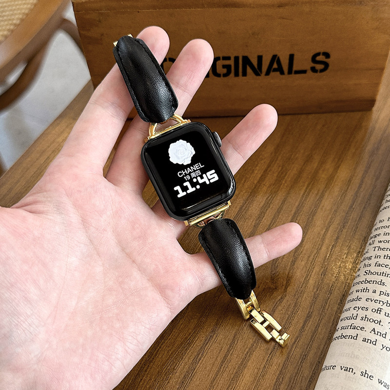 Suitable for Iwatch10/9 Second-Hand Bracelet-Style Leather Strap Apple Watch S11 Stainless Steel Strap Applewatc
