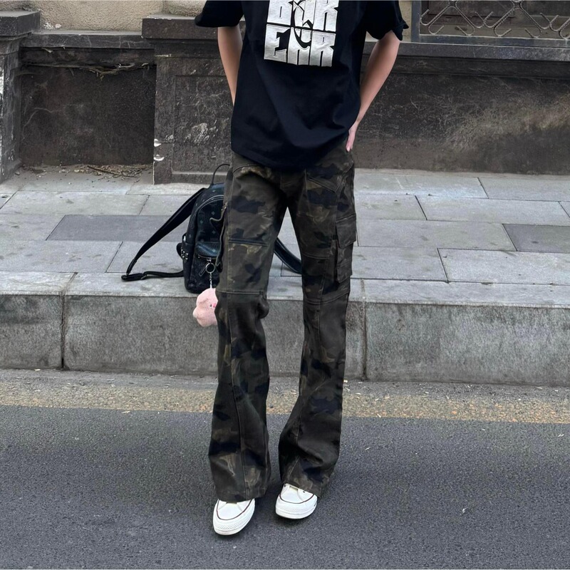 Vintage American-Style Camouflage Multi-Pocket Slim-Fit Cargo Jeans for Men, High Street Trendy Hip-Hop Straight-Leg Slimming Flared Pants