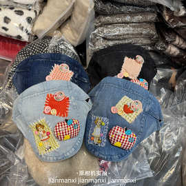 百搭休闲牛仔前进帽女复古油画贴布春夏小众透气拼接大头围贝雷帽
