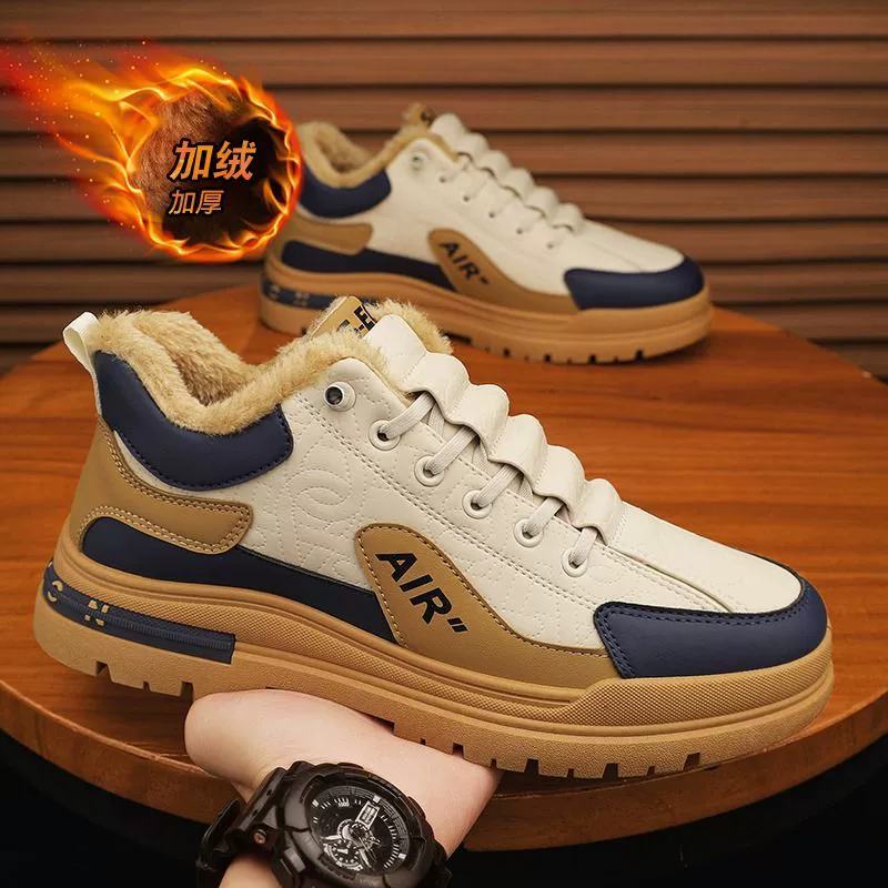 Охрана труда Мужская обувь Осенние кожаные повседневные кроссовки Зимняя хлопковая обувь на флисовой подкладке Модная обувь Forrest Gump с завышенной толстой подошвой