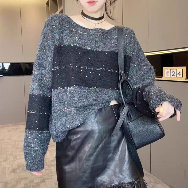 毛衣女2025秋季新款欧洲站慵懒风宽松百搭撞色拼接针织衫长袖上衣|undefined