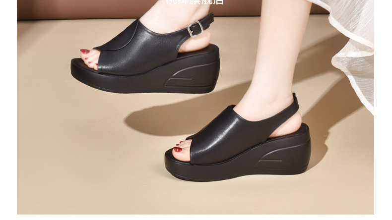 Sandal da thật nữ gót wedge đế xuồng platform cao 9 cm, dáng đế dày thoải mái — Màu đen chi tiết 2