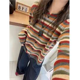 Q彩色条纹上衣女显瘦毛衣春秋宽松圆领套头针织衫其他品牌