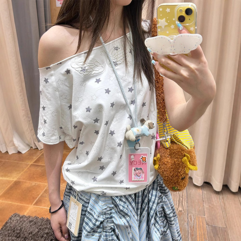 Necy Original Star-Printed One-Shoulder Short-Sleeved Wing Embroider Design Summer Floral T-Shirt Sweet and Spicy Top Necy Original Star-Printed One-Shoulder Short-Sleeved Wing Embroider Design Summer Floral T-Shirt Sweet and Spicy Top