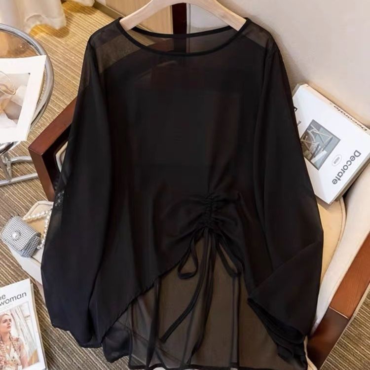 薄い微透けブラックシフォン長袖Tシャツレディース夏大きいサイズファットmm日焼け止めブラウス不規則な巾着トップ|undefined