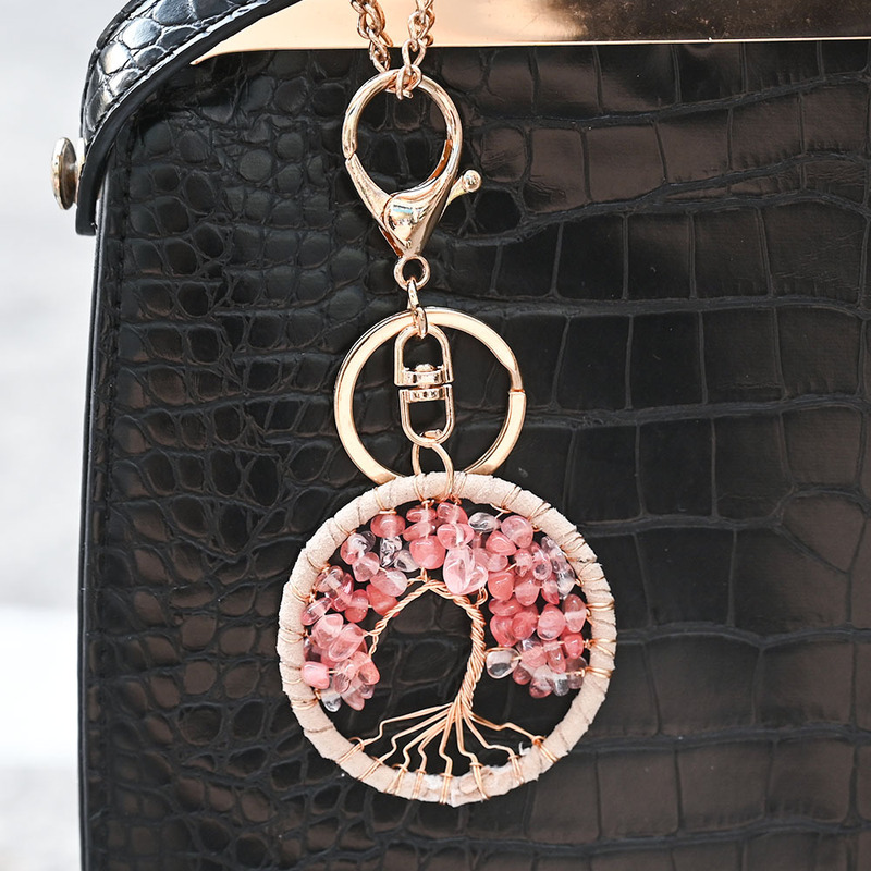 Natural Crystal Tree of Life Keychain with Amethyst, Pink Quartz, Agate, and Jade Fortune Tree Souvenir Open Ring