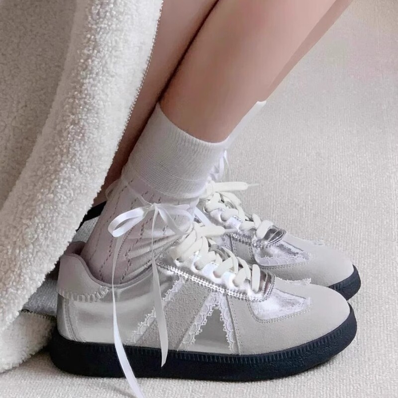 Putian Classic Silver-Colored German Training Shoes for Women, New Thick-Soled White Sneakers, Breathable Retro Lace-Up Sneakers
