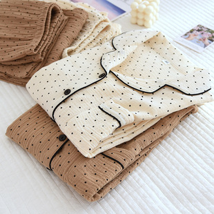 Pajamas women's spring and summer double-layer cotton cotton crepe home wear suit long-sleeved trousers plus size casual cardigan