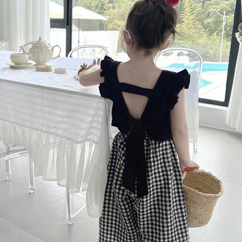 Girls' Outfit with Backless Tie-Up Square-Neck Top and Plaid Wide-Leg Pants, Size 26, New Summer Fashion, Foreign Trade Children's Clothing Wholesale