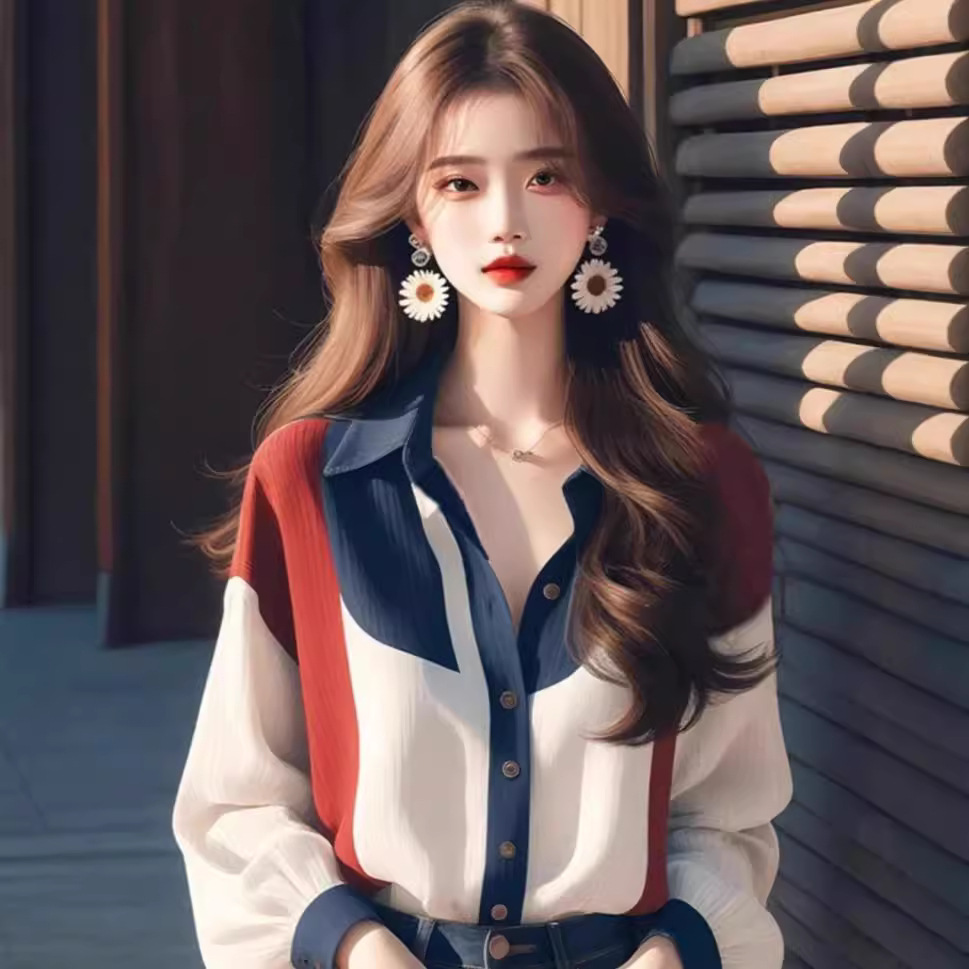 2024 년 초가을 새로운 여성 의류 차가운 스타일 하이 엔드 독특한 슈퍼 잘 보이는 느슨한 탑 컬러 대비 랜턴 소매 셔츠