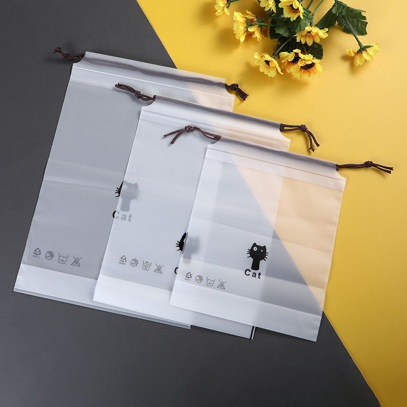 现货pe小猫束口袋简约透明穿绳袋 eva磨砂拉绳袋半透明袋来图定制|ms