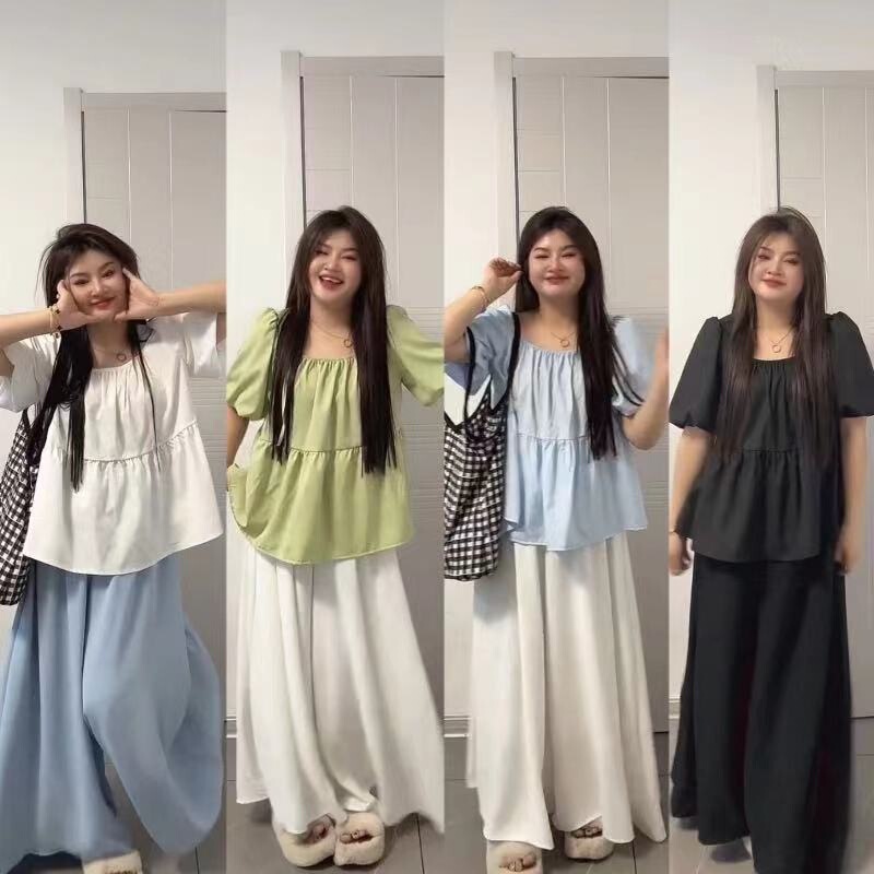 Plus-Size Summer Mint Green French Retro Square-Neck Babydoll Shirt, Sweet and Youthful, Slimming and Figure-Flattering, Puff Sleeve Blouse