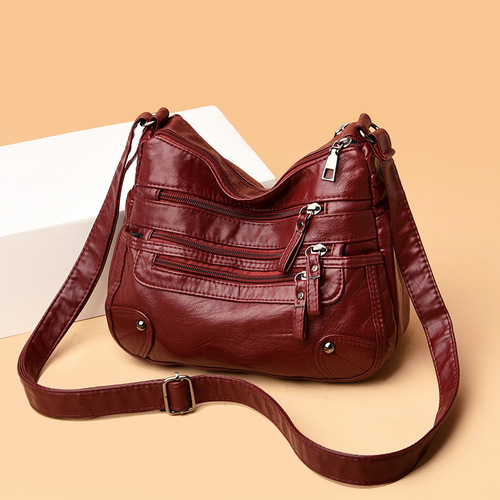 Soft leather bag for middle-aged women 2025, with multiple pockets, unisex shoulder and crossbody bag, suitable for middle-aged mothers.