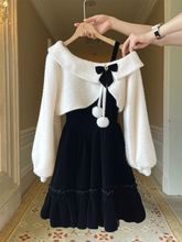 套装2025秋冬新款千金感小清新披肩上衣+金丝绒吊带连衣裙两件套