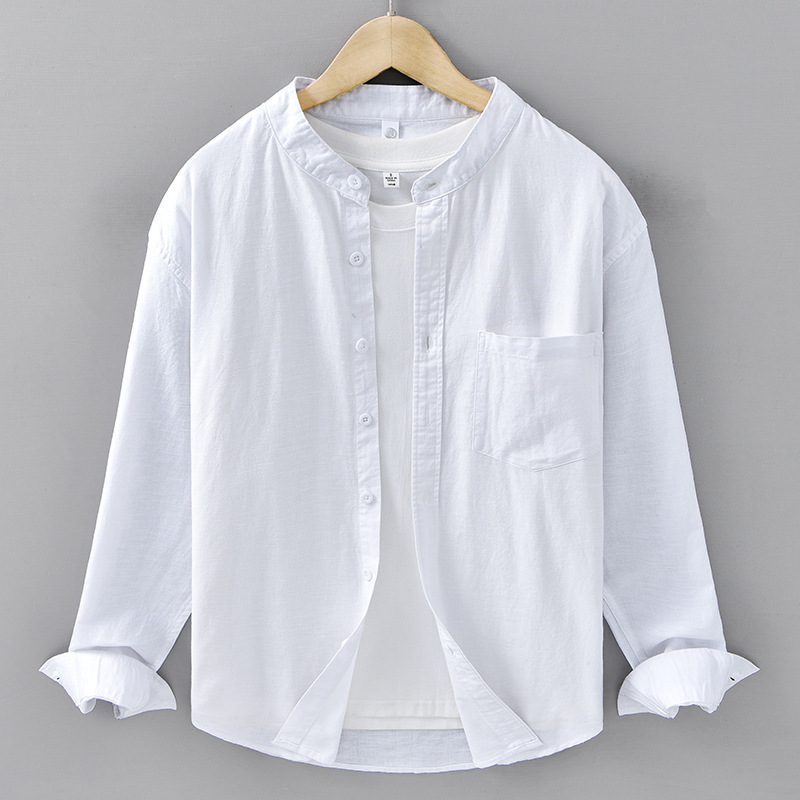 Cotton and Linen Collar Japanese Style Retro American Style Casual Shirt Men's Spring and Summer Loose Long Sleeve Linen White Shirt 211