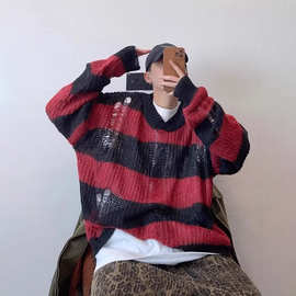 慵懒风黑红条纹毛衣破洞长袖针织衫男秋冬小众设计感宽松套头上衣