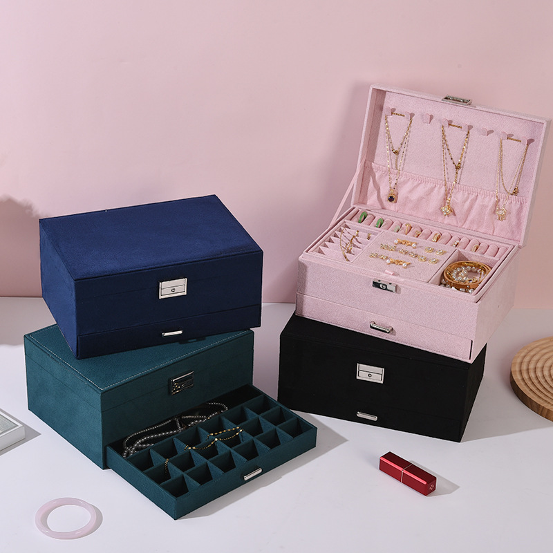 Large-Capacity Three-Layer Jewelry Storage Box Velvet Retro Jewelry Necklace Bracelet Ring Multi-Functional Jewelry Storage Box