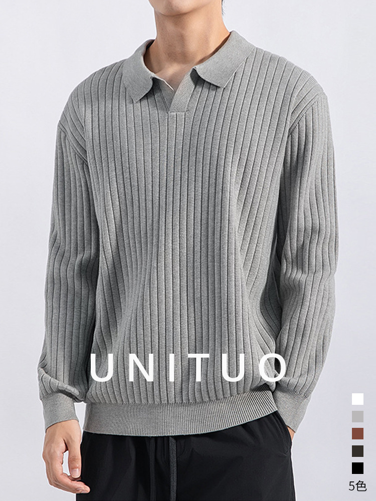 Hombres otoño y invierno nuevo cuello gaviota Polo suéter camiseta de punto lujoso de alta calidad delgado con la tapa de la camiseta a rayas para hombres