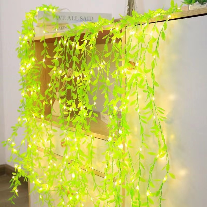 Cortina de alambre de cobre de ratán de hoja verde, luces de cadena de hojas de sauce, plantas colgantes, hojas falsas, decoración de pared del balcón, cadena de luces