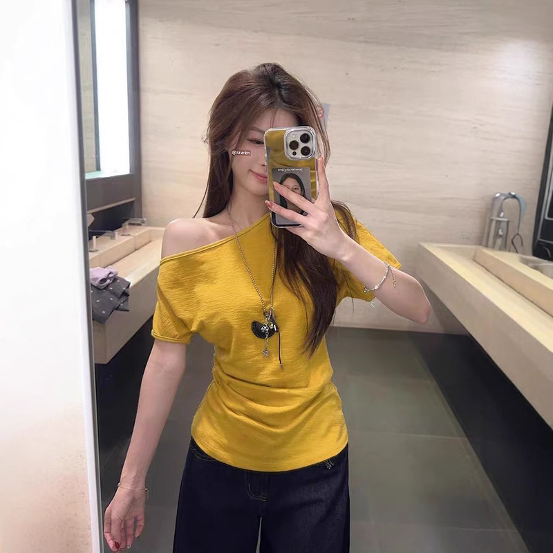 Wrinkled Cotton Yellow Slant Shoulder Short-sleeved T-shirt Women's Summer and Autumn New Slim-fit Short Slimming Spice Girl T-shirt Small Top
