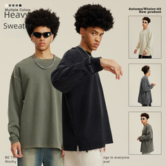 BE men's clothing | 2025 Autumn and Winter 460G wash heavy large size long-sleeved T-shirt American retro loose slit sweatshirt men