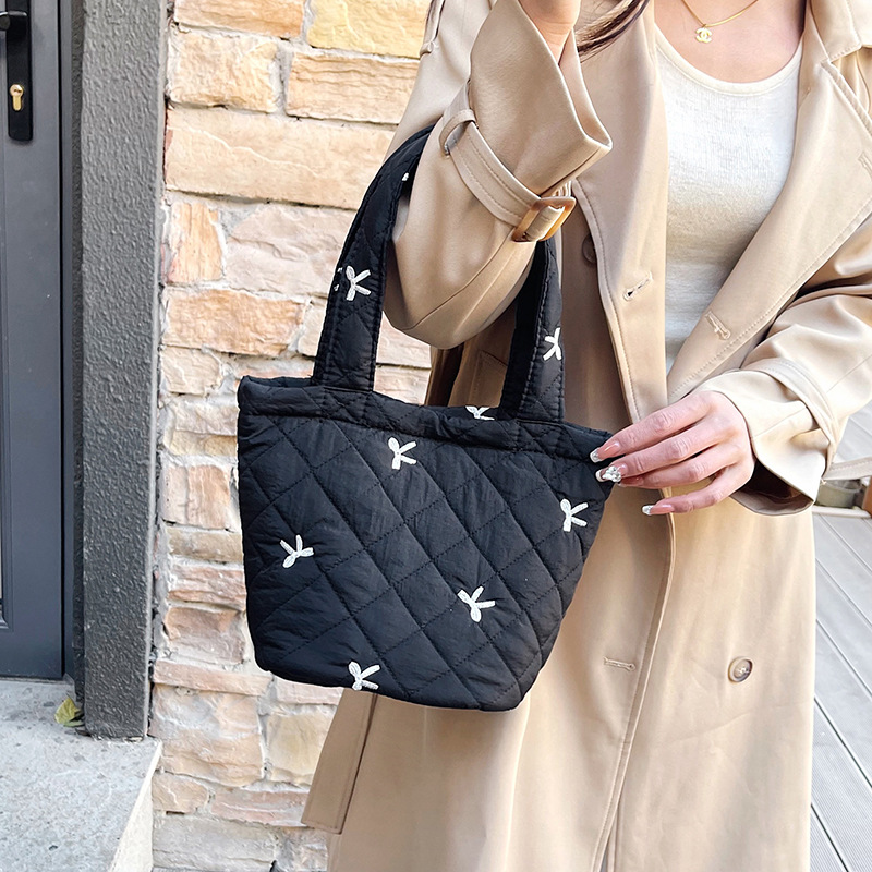 Casual Rhombic Embroidery Small Bag Women's 2024 New Autumn and Winter Cotton Bag Super Popular Portable Small Bag Bucket Bag
