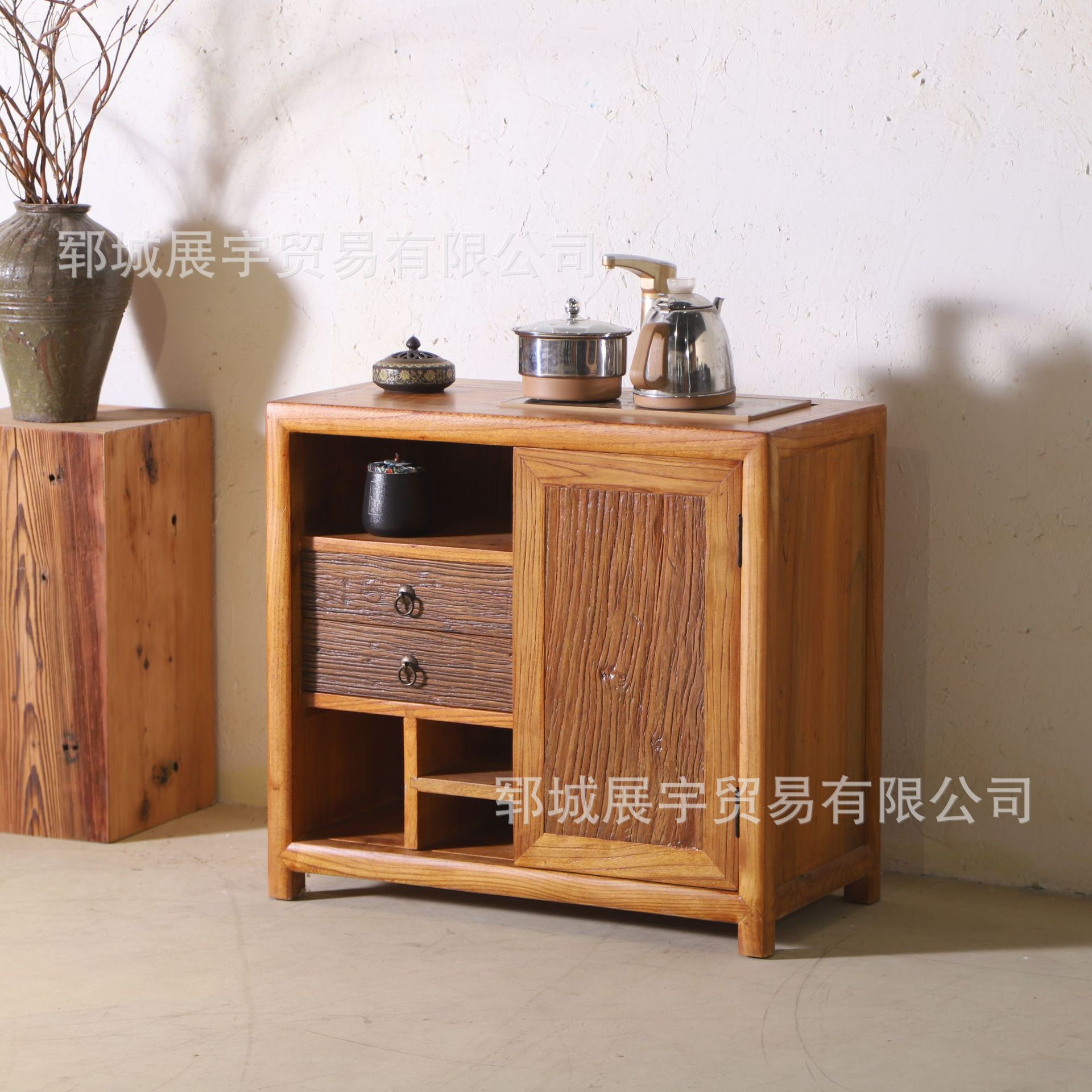 Chinese Old Elm Tea Cabinet Small Living Room Water Boiler Solid Wood Sideboard Log Storage Cabinet with Drawers
