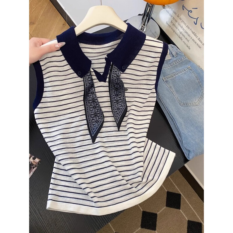 Light Work Style Contrasting Color Sleeveless Vest for Women in Summer with Ribbon Polo Collar Knitwear High-End Lapel Bottoming Top