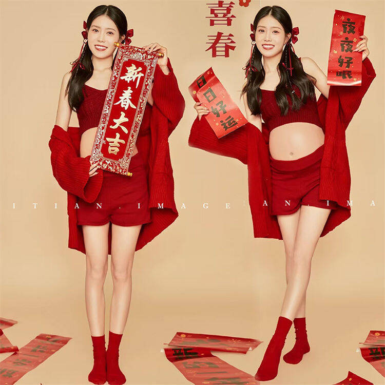 Photo Studio maternity photo clothing Christmas theme new red knitted sling suit pregnant mommy Art Photo Clothing