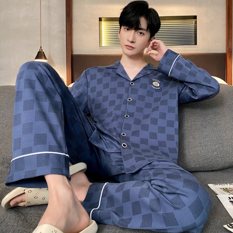 Pijamas de los hombres de primavera y otoño 100% algodón pantalones de manga larga delgada más tamaño de los hombres de alto grado traje de desgaste para el hogar