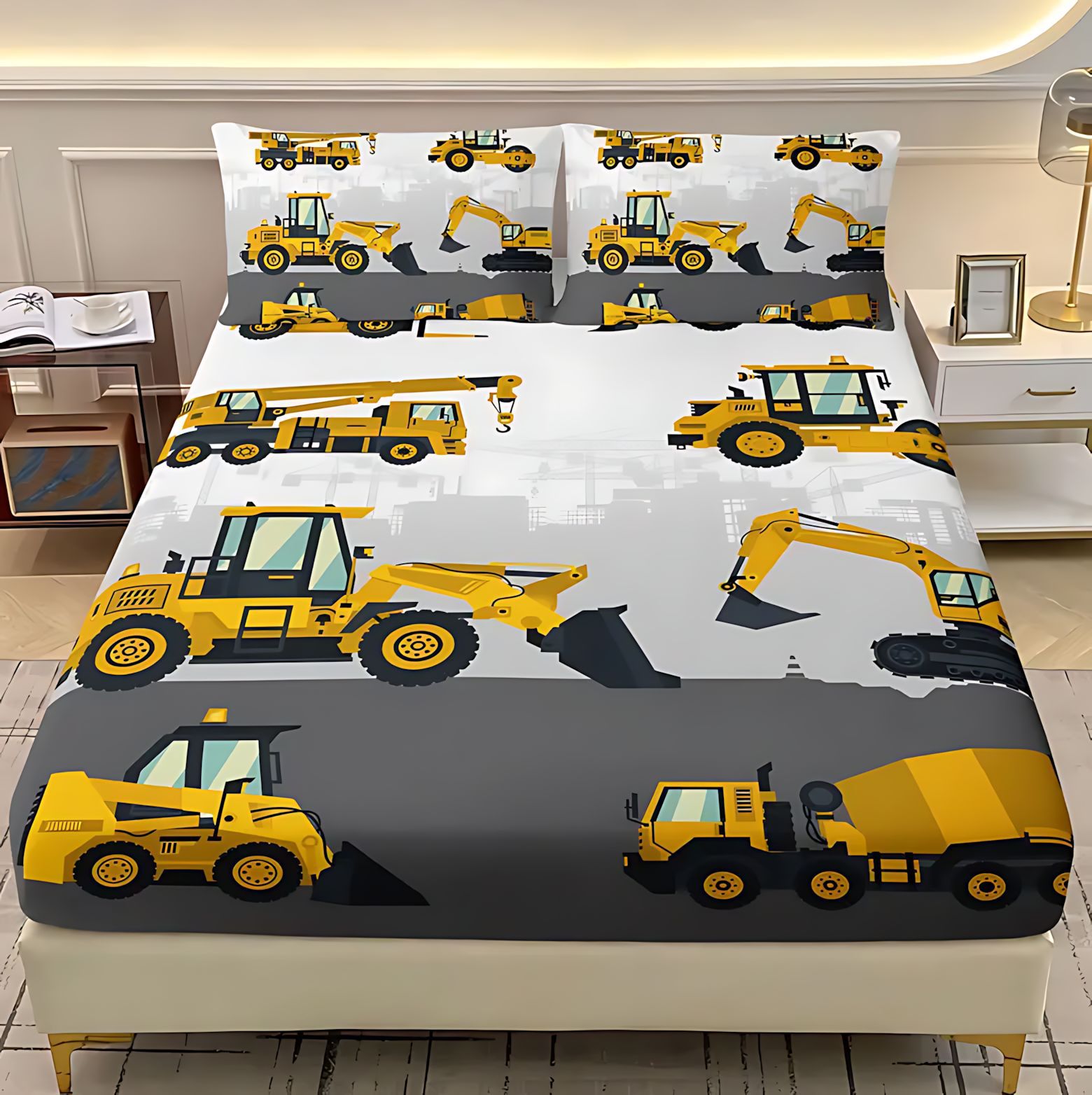 Temas de excavadora de dibujos animados TEMU / JIT impresión digital 3D cama gaza pillow cover set textiles domésticos transfronterizos